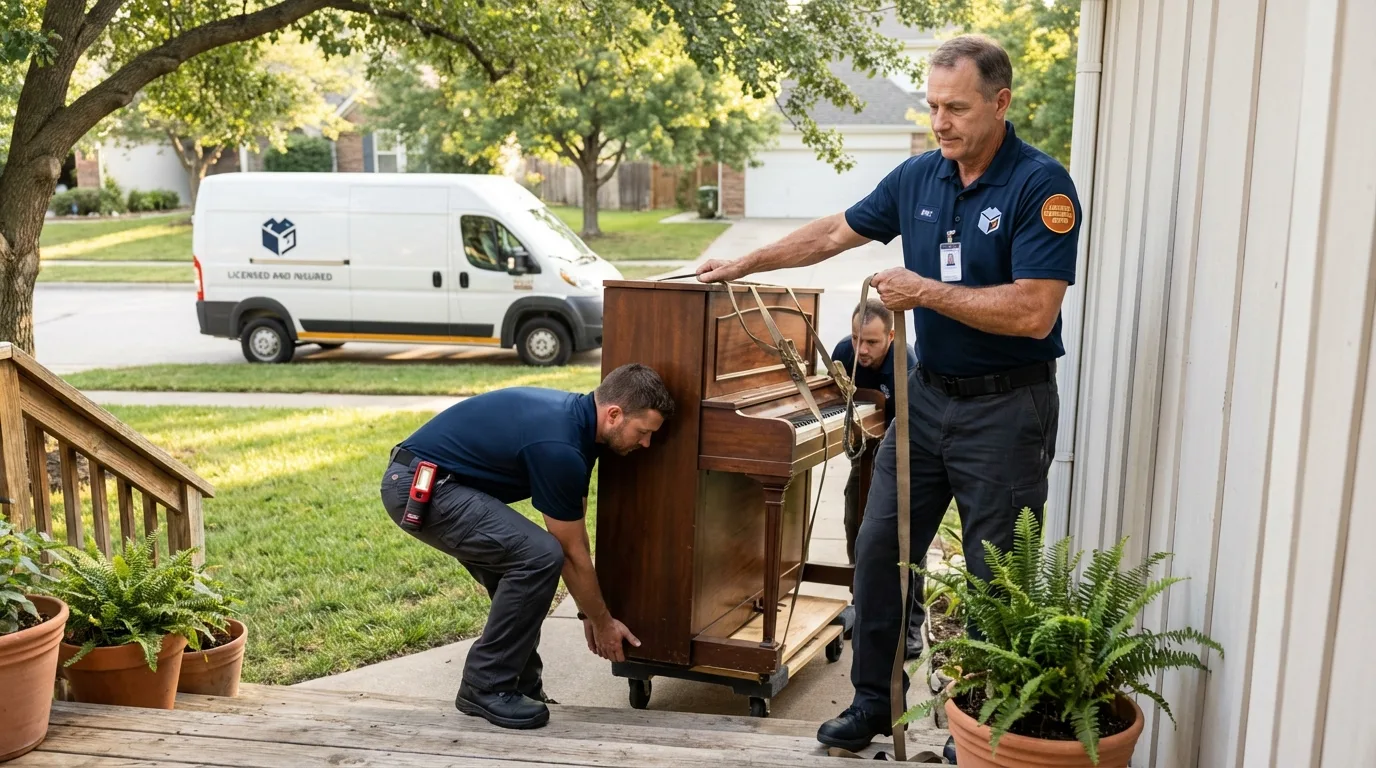 Licensed piano movers securing grand piano in Hatfield, MA