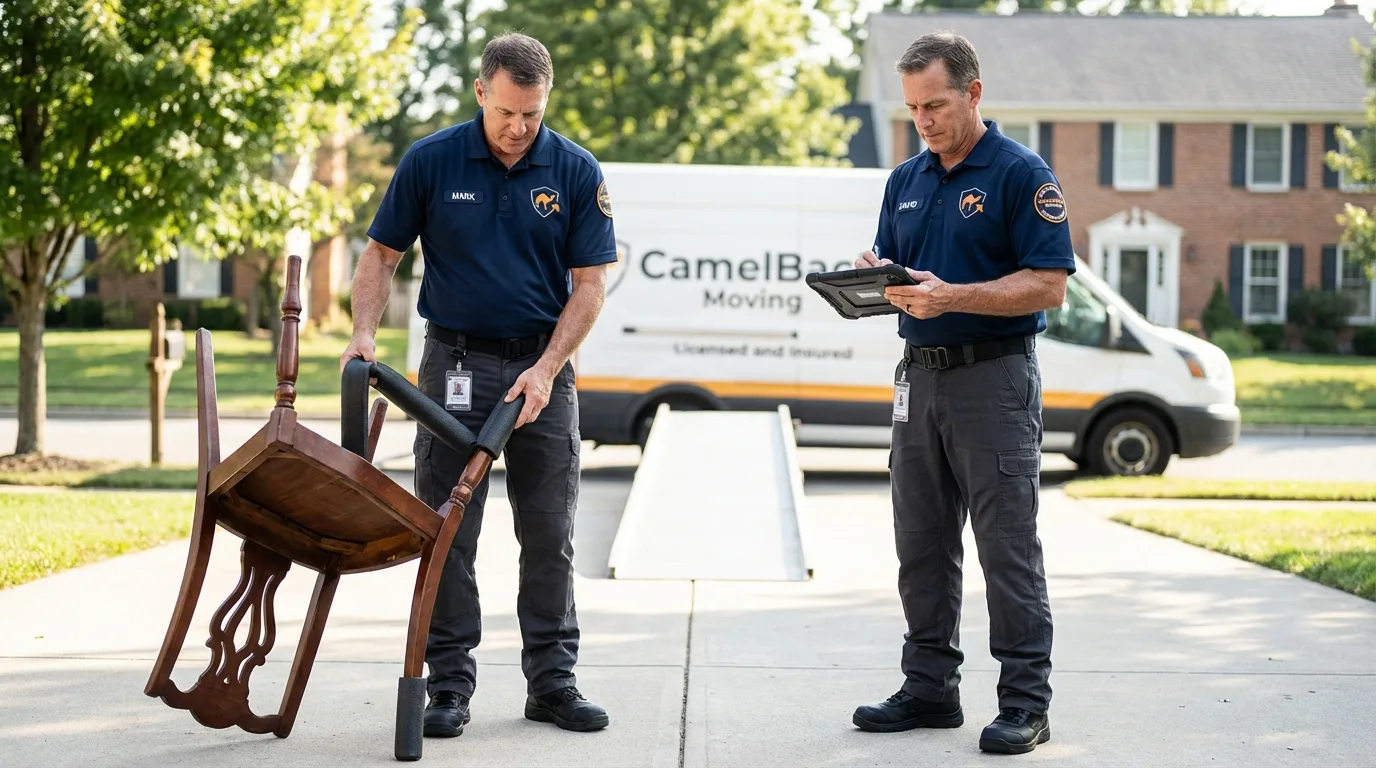 Movers inspecting furniture for damage prevention before loading in Hatfield, MA